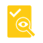 Checkmark approval icon with magnifying glass inspection symbol on yellow background
