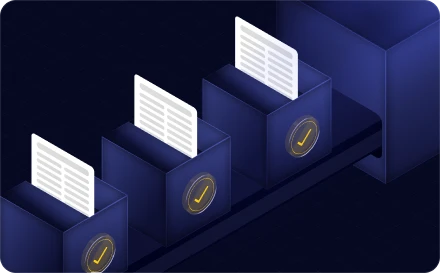 Three stacked secure documents with gold verification checkmarks on dark blue background
