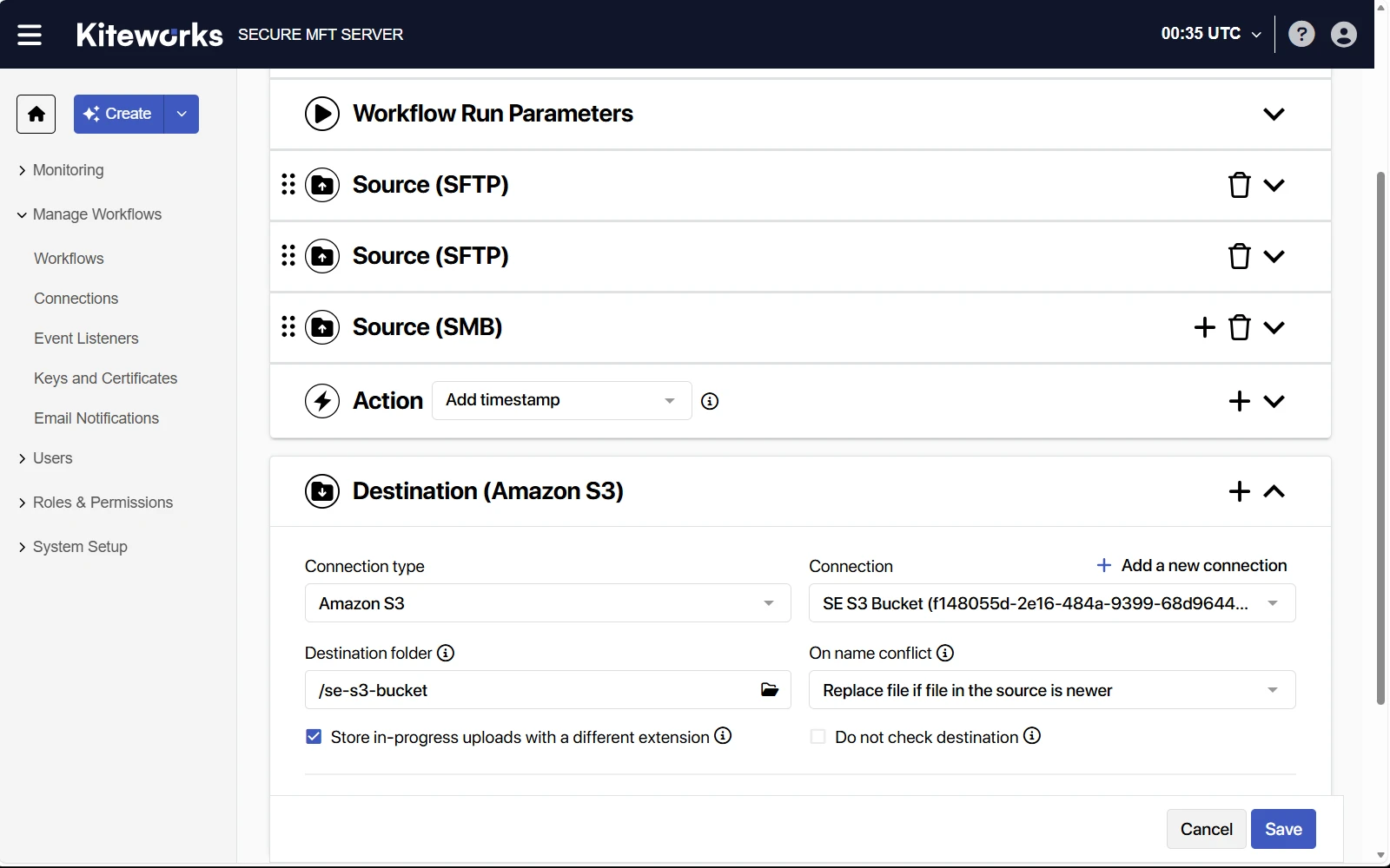 Secure file transfer workflow configuration interface with SFTP, SMB sources and Amazon S3 destination settings.