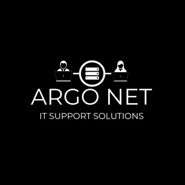 ARGO NET IT Support Solutions logo with two users connected to centralized database server icon