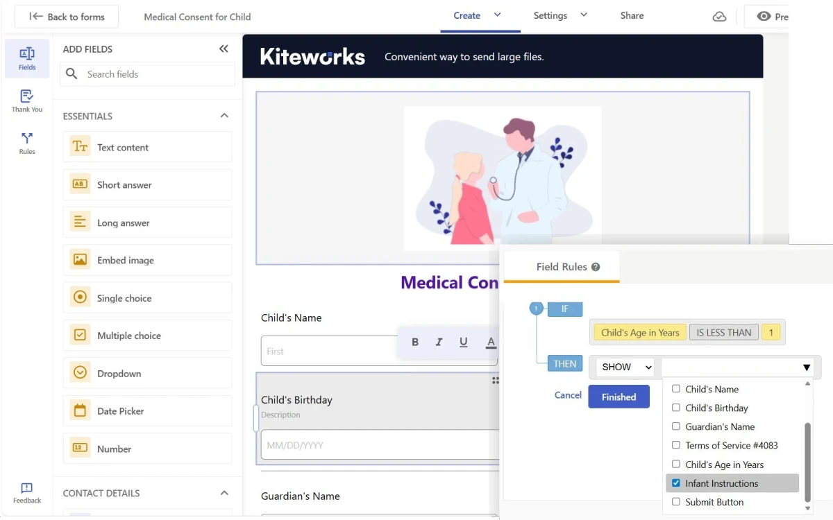 Medical consent form builder interface with pediatric doctor illustration and conditional field rules