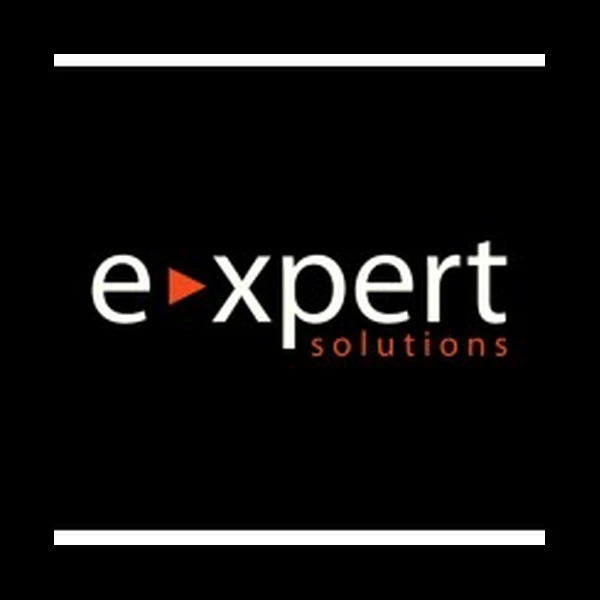 Logo for Expert Solutions with white and orange text and a play icon on a dark background.