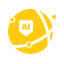 Yellow AI-powered digital asset management icon with shield badge and orbital design elements