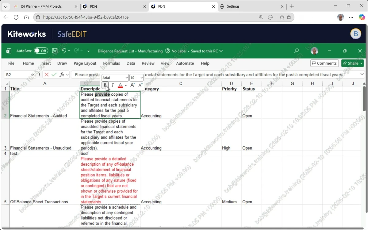 Excel spreadsheet displaying financial diligence request list with audit requirements and compliance tracking columns