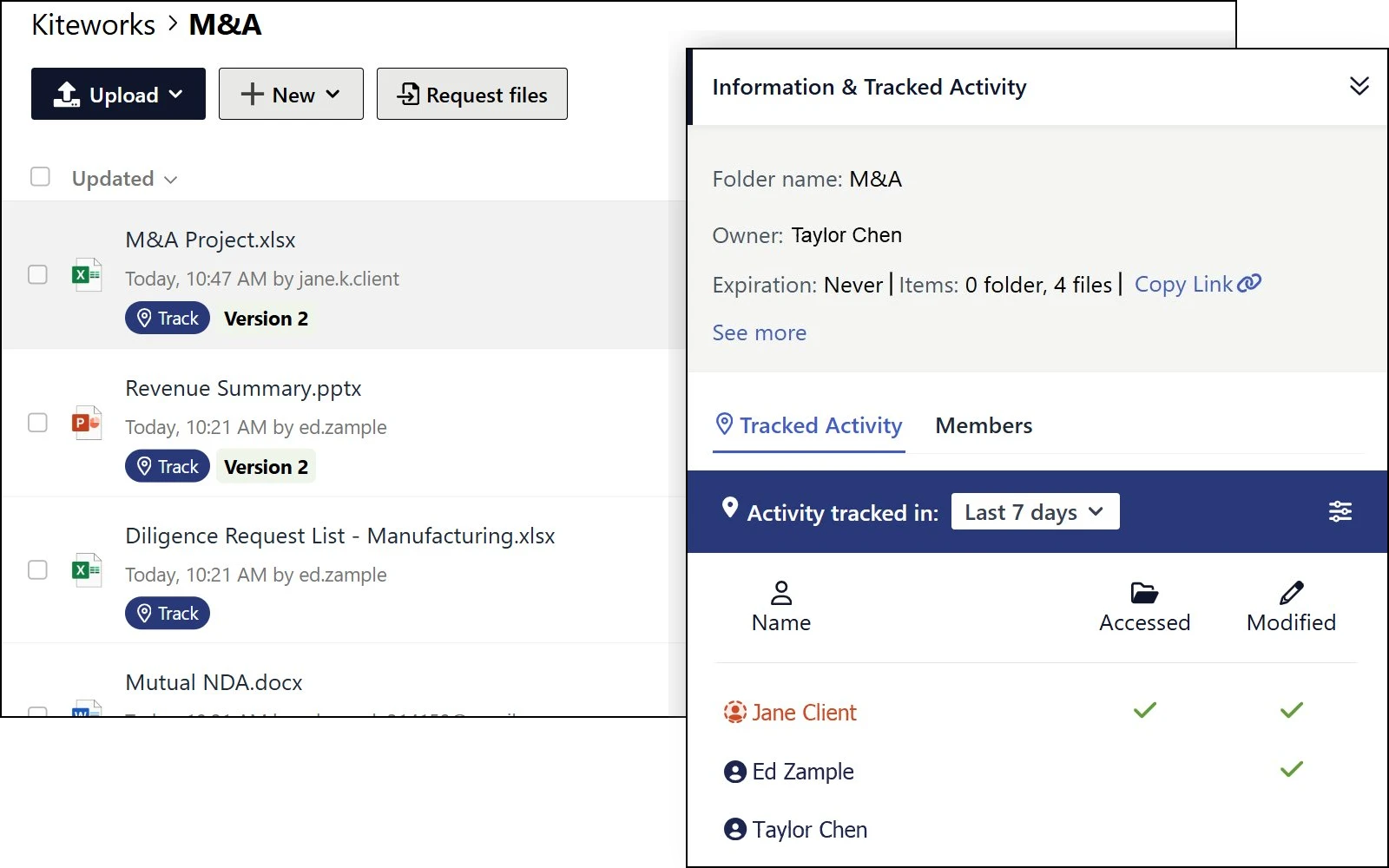 Secure file sharing platform showing tracked document activity and version control for M&A collaboration
