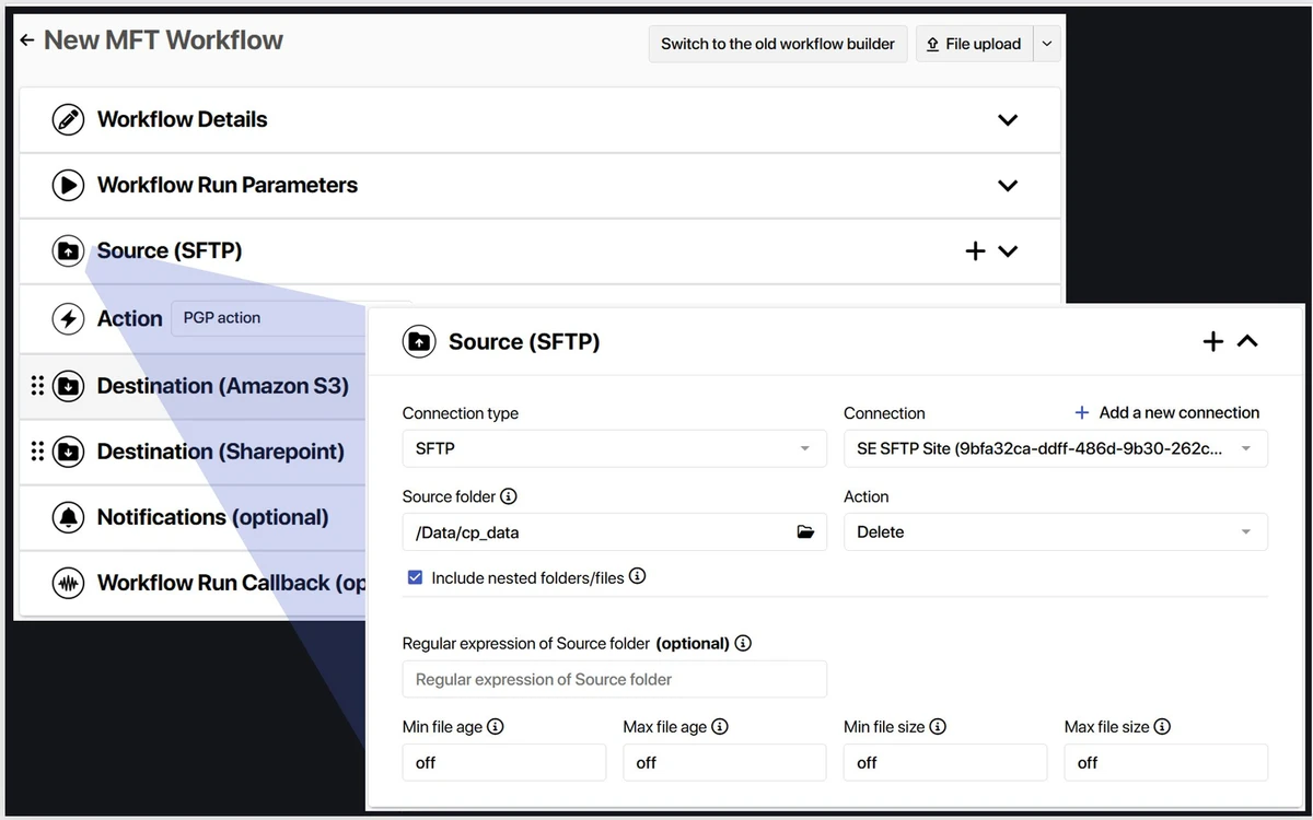 SFTP workflow configuration panel with source folder settings, file filtering, and connection management for enterprise data transfer automation.