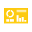 Analytics dashboard with pie chart, bar graphs, and data visualization elements on yellow background.