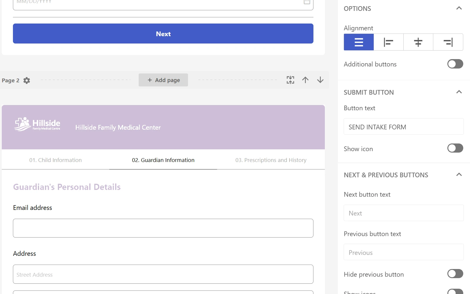 Medical center digital intake form showing guardian information page with secure data fields
