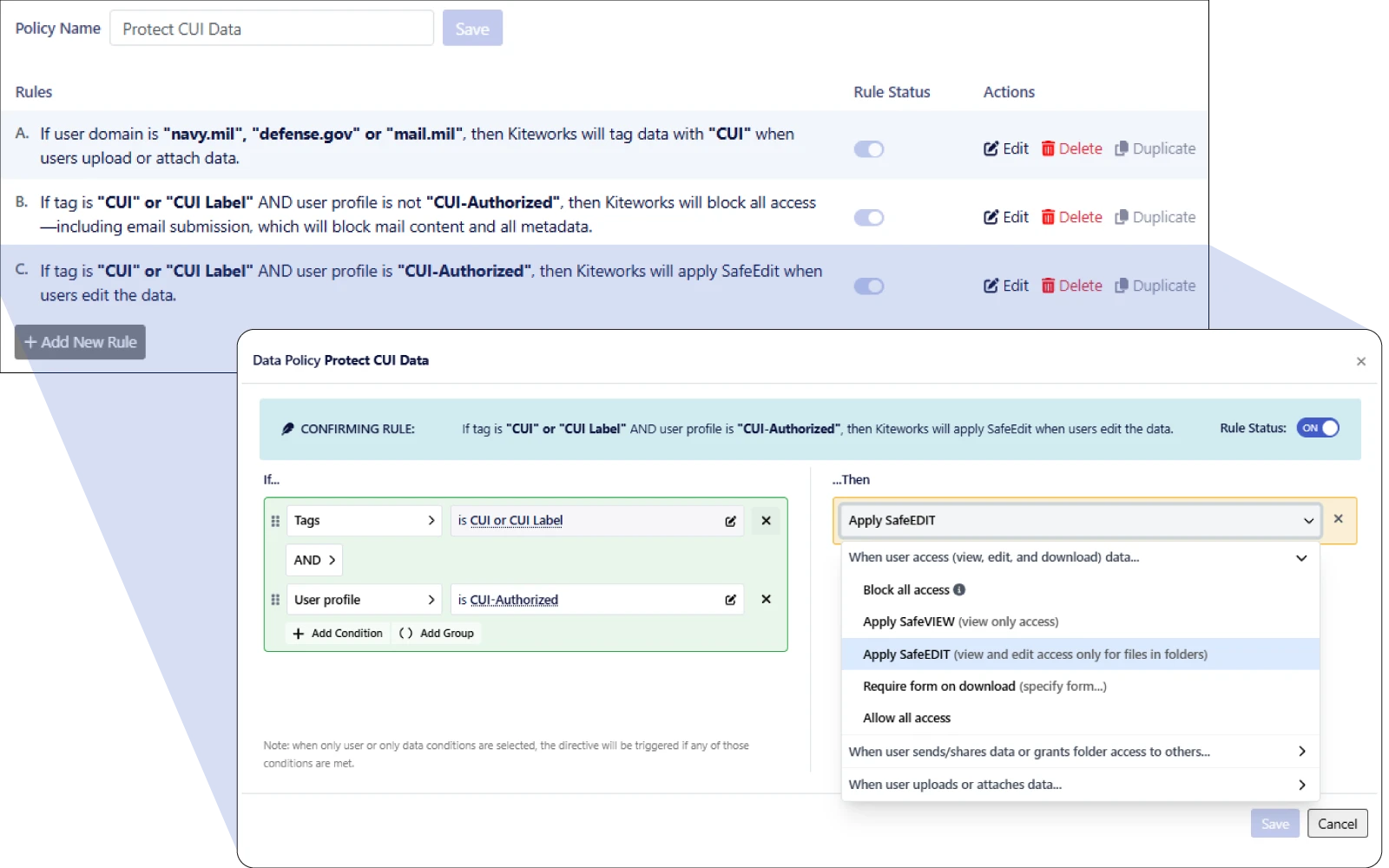 Data security policy dashboard showing CUI protection rules with user authorization and SafeEdit access controls
