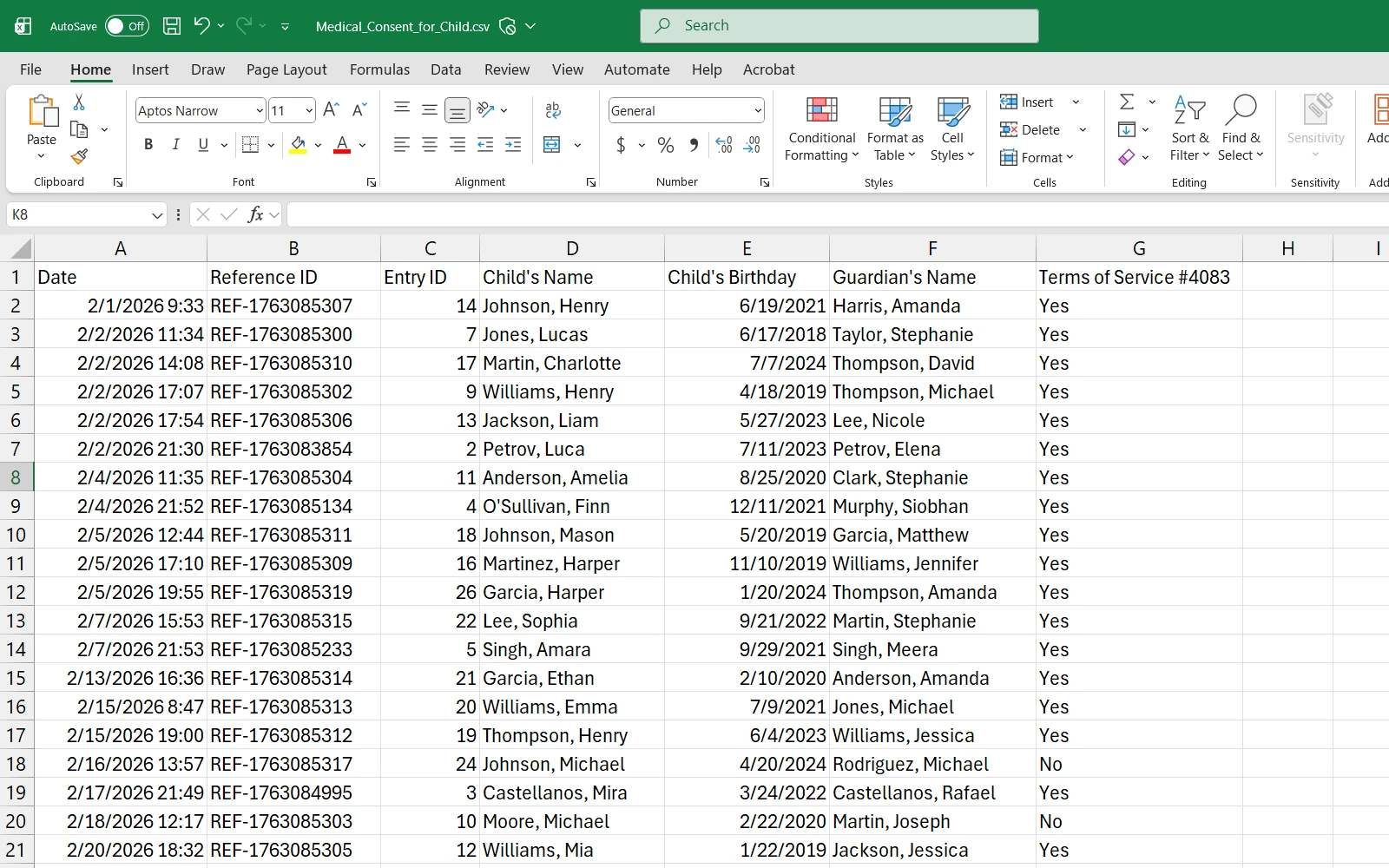 Medical consent tracking spreadsheet with patient records, guardian information, and compliance documentation