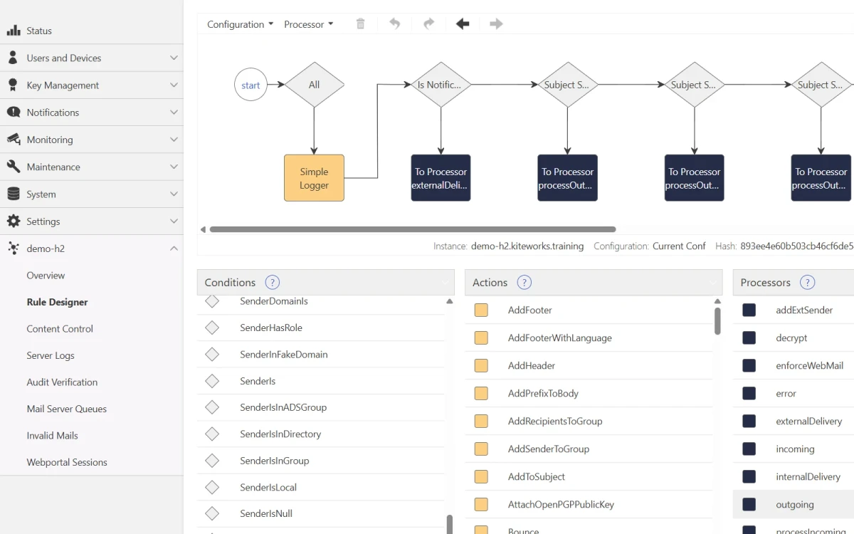 Email workflow rule designer with conditional routing, processors, and compliance-driven message handling