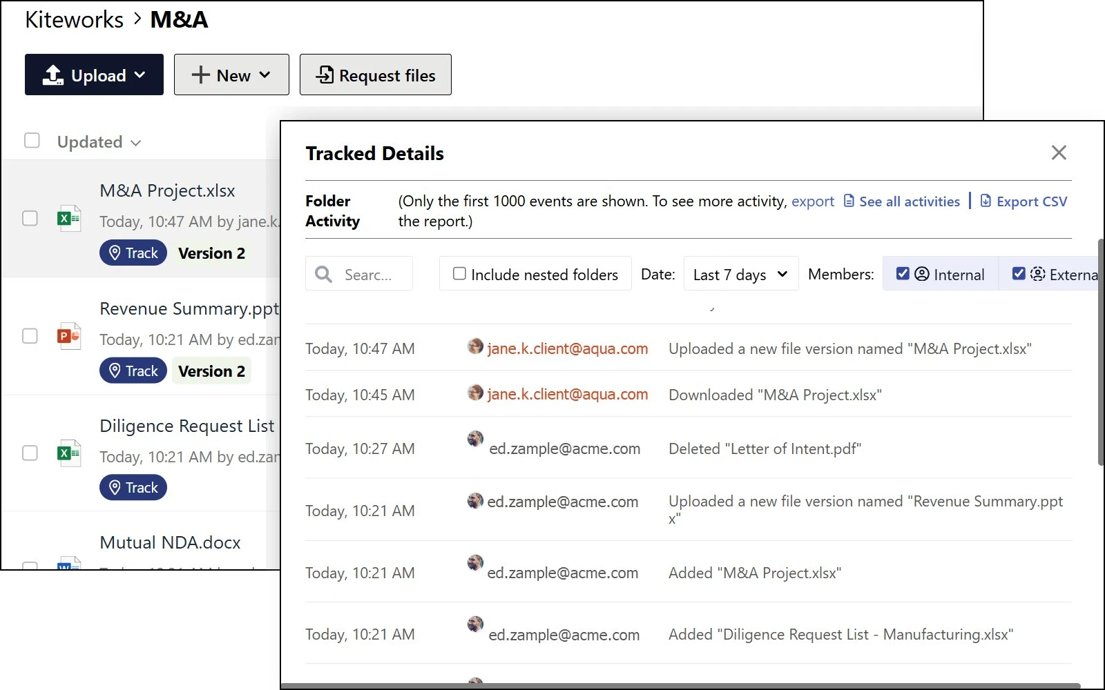 Document management system showing tracked folder activity and audit trail for M&A project files