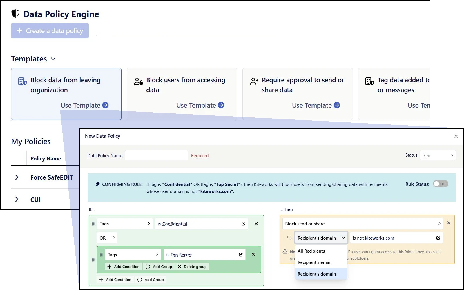 Data Policy Engine dashboard showing conditional access rules and data loss prevention policy configuration interface
