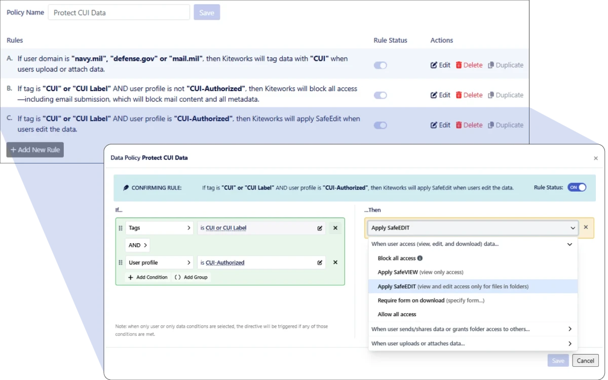 Data policy management dashboard with CUI protection rules and conditional access controls