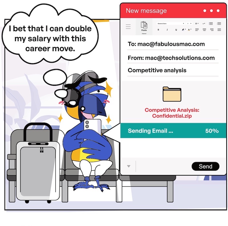 Kitetoons: Mac Shares Sensitive Competitive Analysis with a Prospective Employer | Slide #3 | Mac Thinking: I bet that I can double my salary with this career move.