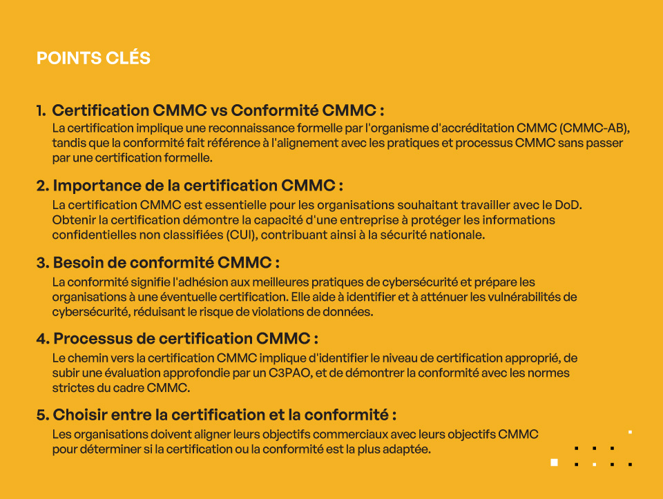 Certification CMMC vs. Conformité CMMC : Quelle est la différence et laquelle vous faut-il? - Points clés