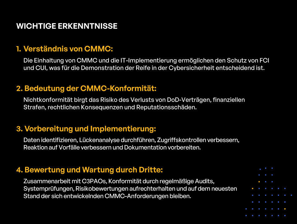 CMMC für IT-Profis: Ein Implementierungsleitfaden für die Compliance - WICHTIGE ERKENNTNISSE