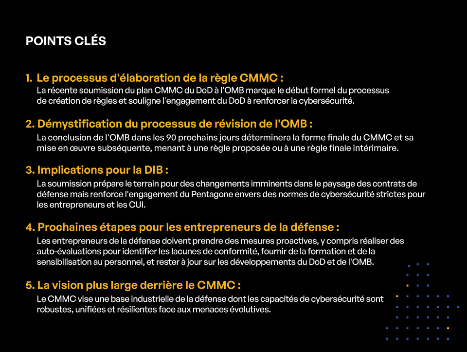 Compréhension du processus de réglementation de la CMMC - POINTS CLÉS