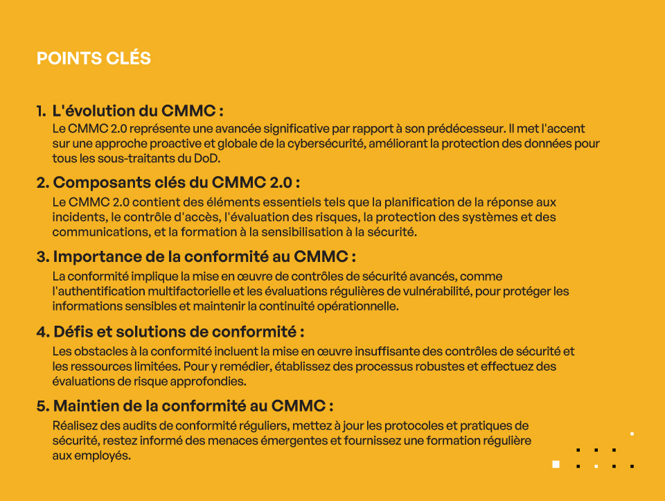 Conformité CMMC 2.0 pour les contractants de sécurité et de renseignement - POINTS CLÉS