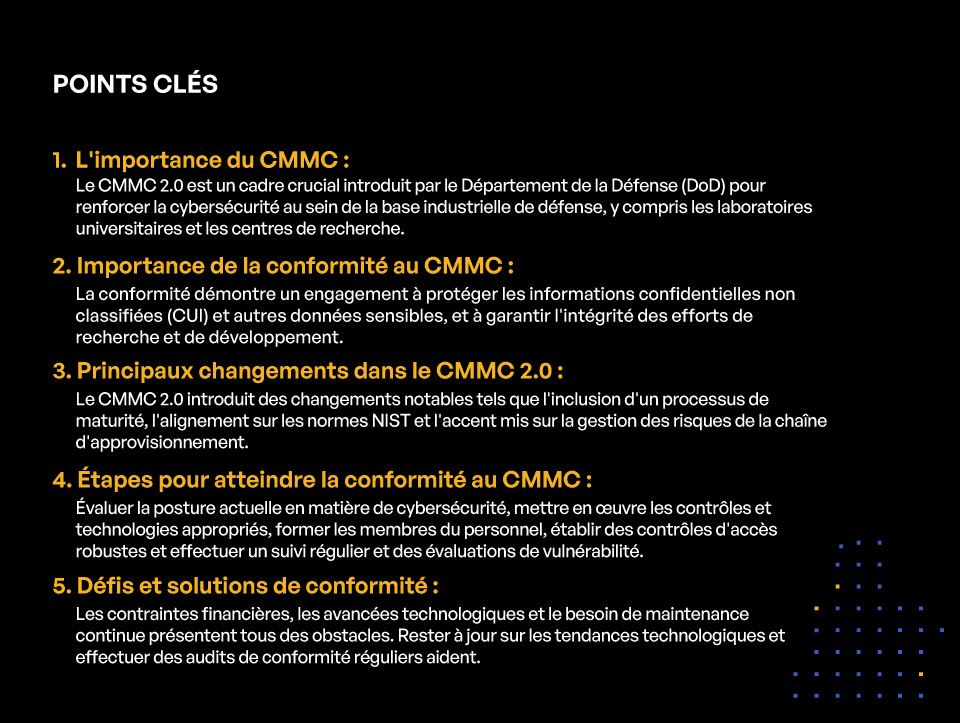 Conformité CMMC 2.0 pour les laboratoires universitaires et les centres de recherche - POINTS CLÉS