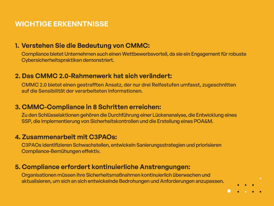 Wie Sie die CMMC 2.0-Konformität in 8 Schritten erreichen: Ein Schritt-für-Schritt-Leitfaden - WICHTIGE ERKENNTNISSE