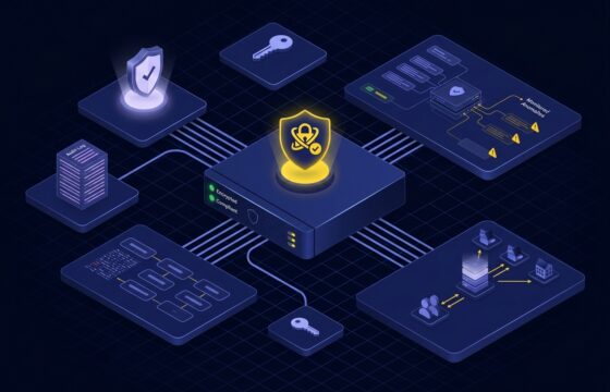 Isometric UI illustration with a deep navy background, dark blue surfaces, blue-violet highlights, soft lavender details, and yellow accents representing zero-trust architecture and cybersecurity data protection.