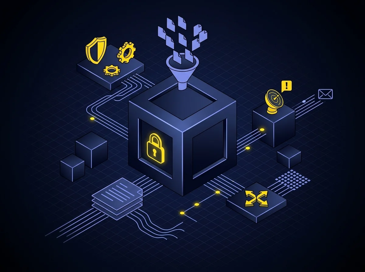 Diagram illustrating advanced security architecture featuring hardened virtual appliance design, strong encryption, granular access controls, SIEM breach detection integration, and secure file transfer with DLP.