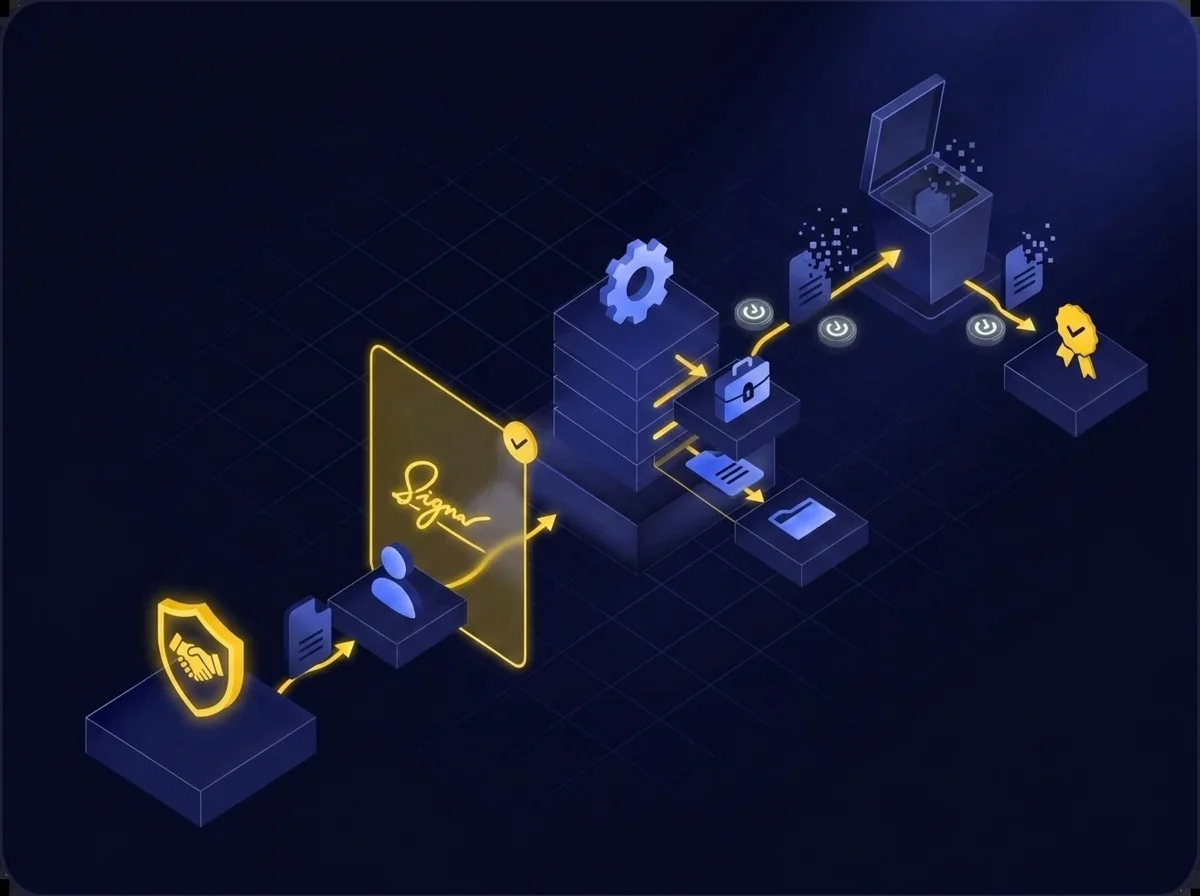 A conceptual graphic illustrating automated data control and consent management features with zero-trust data exchanges, role-based access controls, and retention policies.