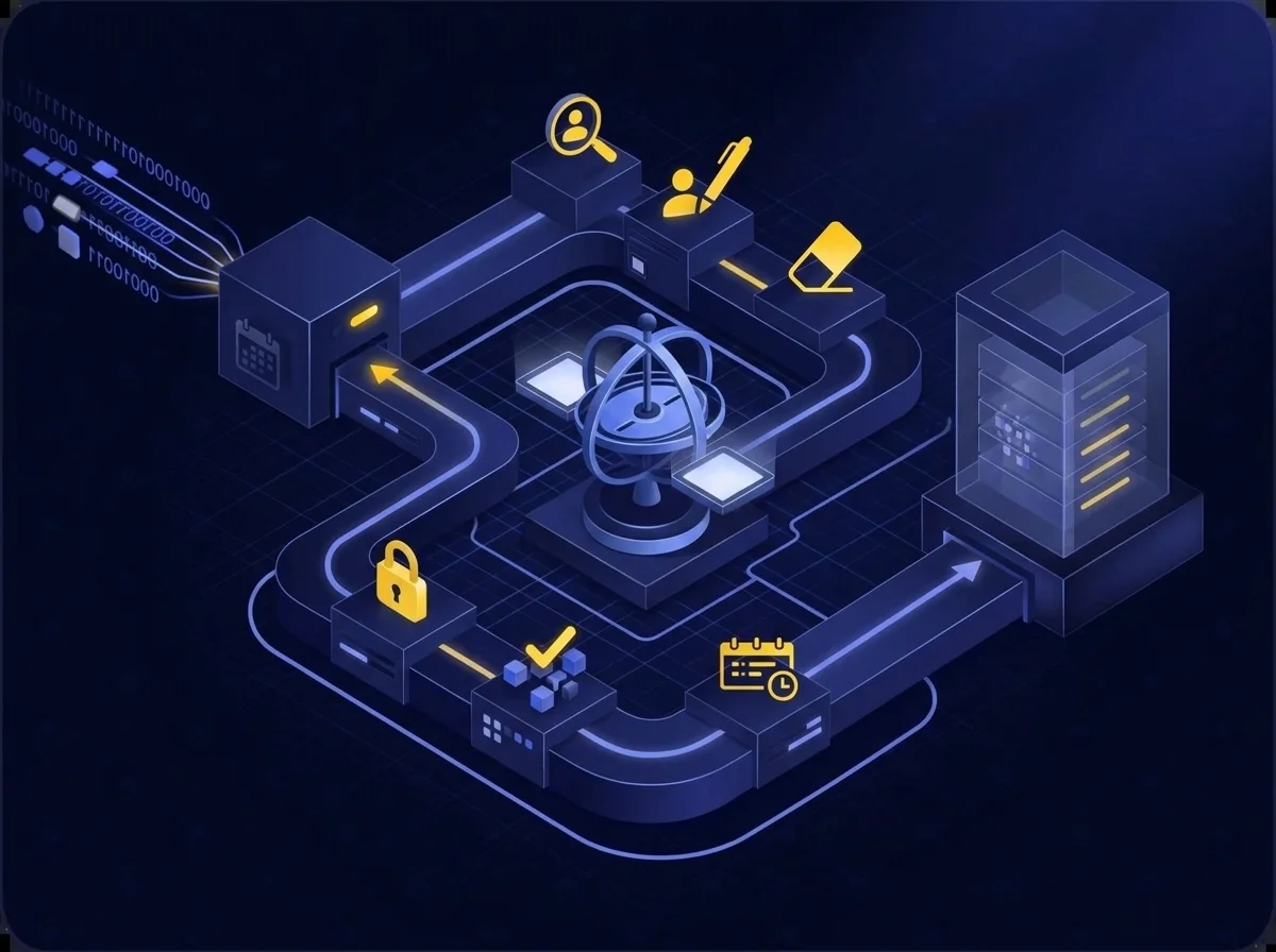 Conceptual diagram illustrating the challenge of balancing individual data rights like access and erasure with organizational data management requirements and storage limits.