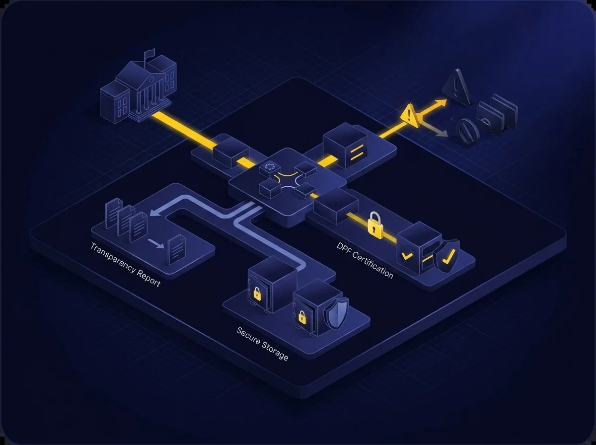 A conceptual illustration representing the balance between transparency and security in handling public data requests under EU-U.S. DPF standards.