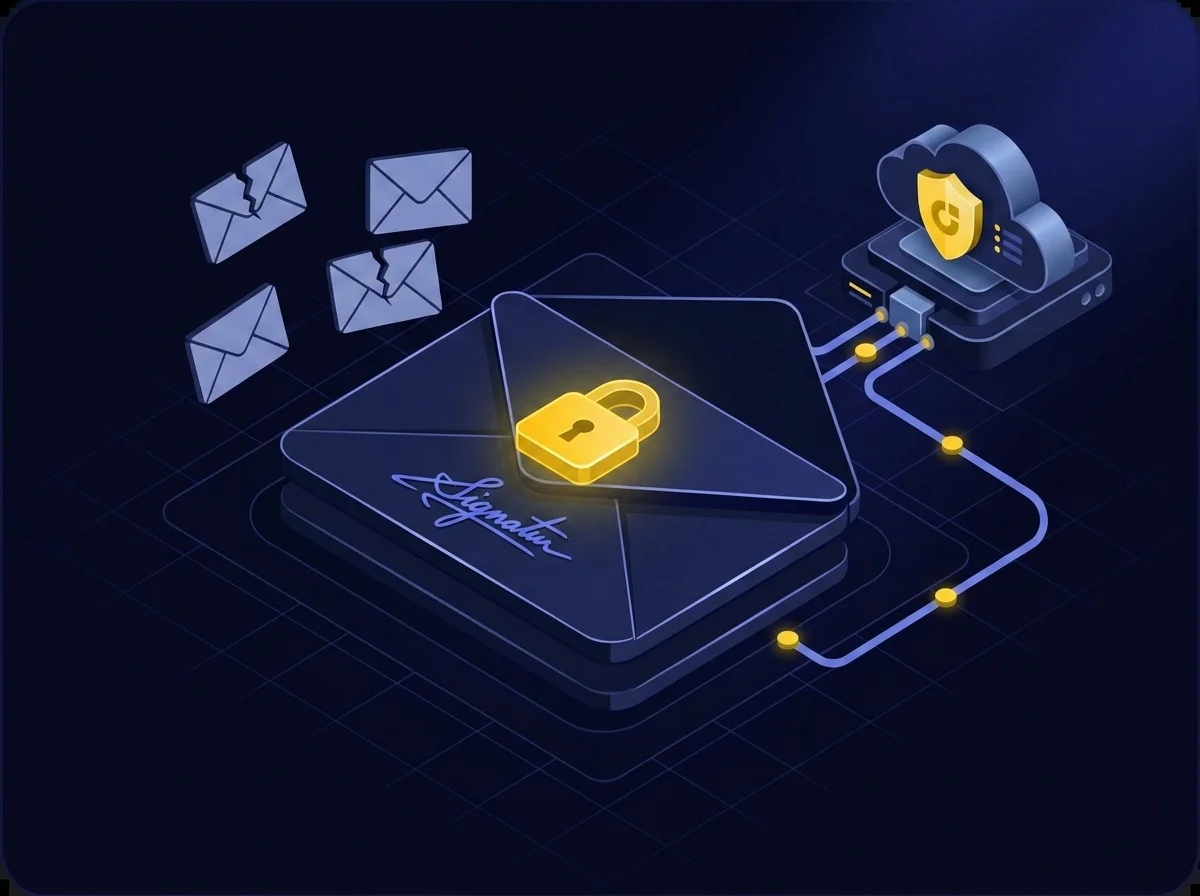Illustration representing secure email communication with encryption and digital signatures for CMMC compliance.