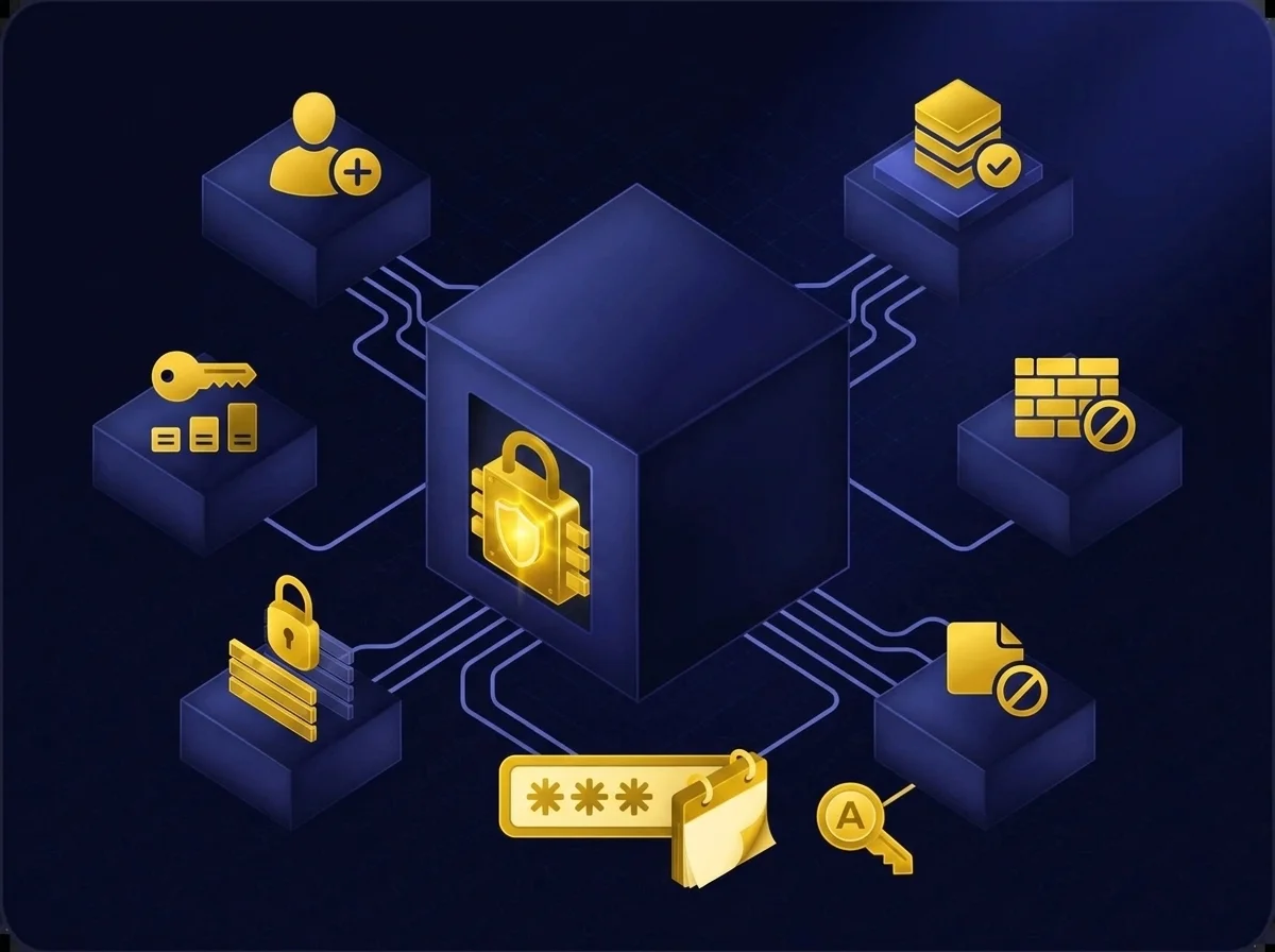 insider threats icon A conceptual graphic illustrating comprehensive access controls for data security, featuring centralized privilege management and user authorization policies.