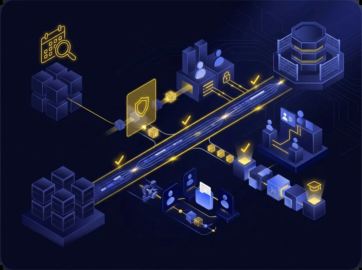 A conceptual illustration representing cybersecurity oversight and data protection training, featuring compliance checklists, audit documents, and secure data handling workflows.