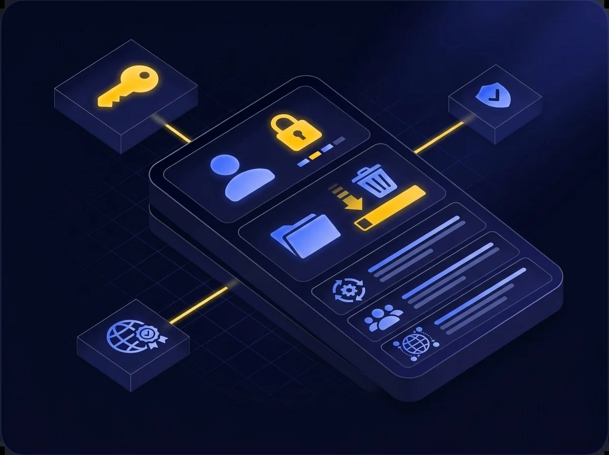 A conceptual diagram illustrating comprehensive data governance with role-based access control, secure deletion, and detailed audit logging for regulatory compliance.