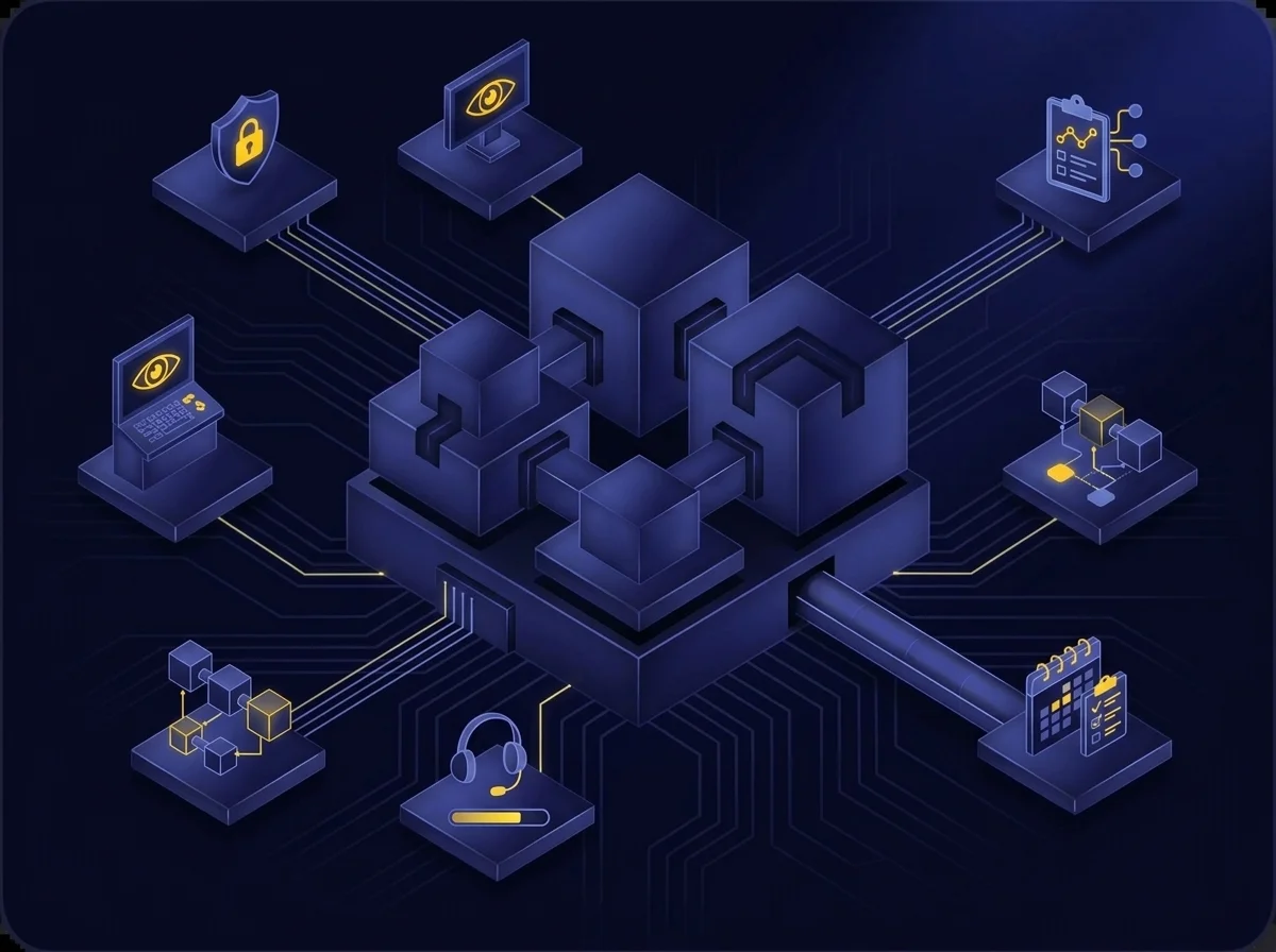 A conceptual diagram illustrating comprehensive data protection and compliance across operations, development, and testing environments.