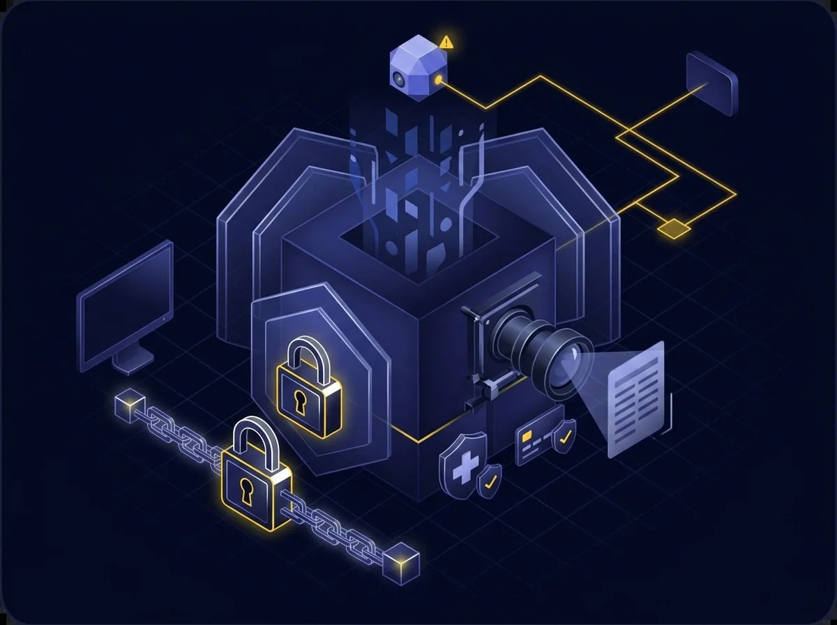 Illustration representing data security and protection measures including encryption, access controls, breach detection, and compliance safeguards.