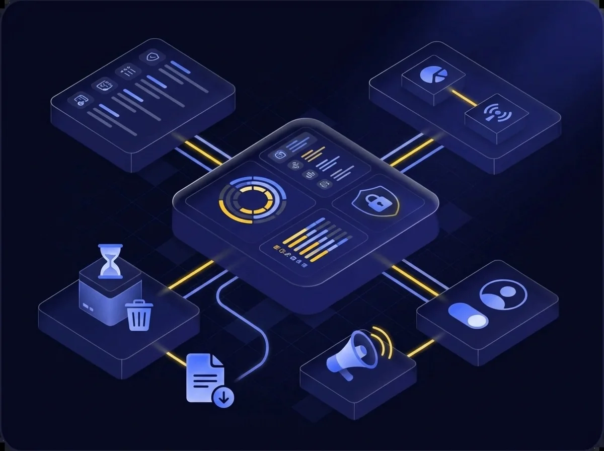 Diagram illustrating comprehensive user rights management through automated controls, audit logs, and granular access permissions.