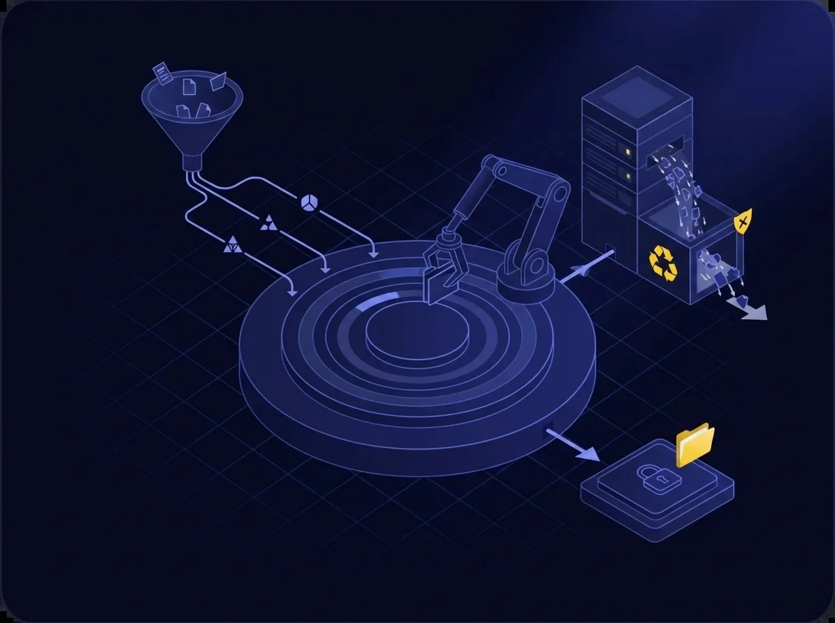 A conceptual diagram illustrating data minimization and purpose limitation compliance, highlighting secure data destruction, processing records, and restricted access for authorized individuals.