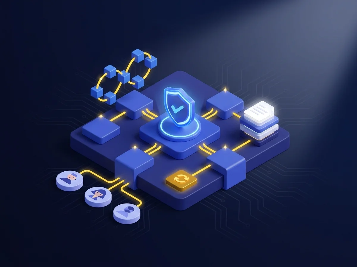 Ilustración conceptual que destaca la protección de datos y las pruebas de seguridad, con principios de confianza cero, ciclos de vida seguros de desarrollo de software y eficiencia operativa. 