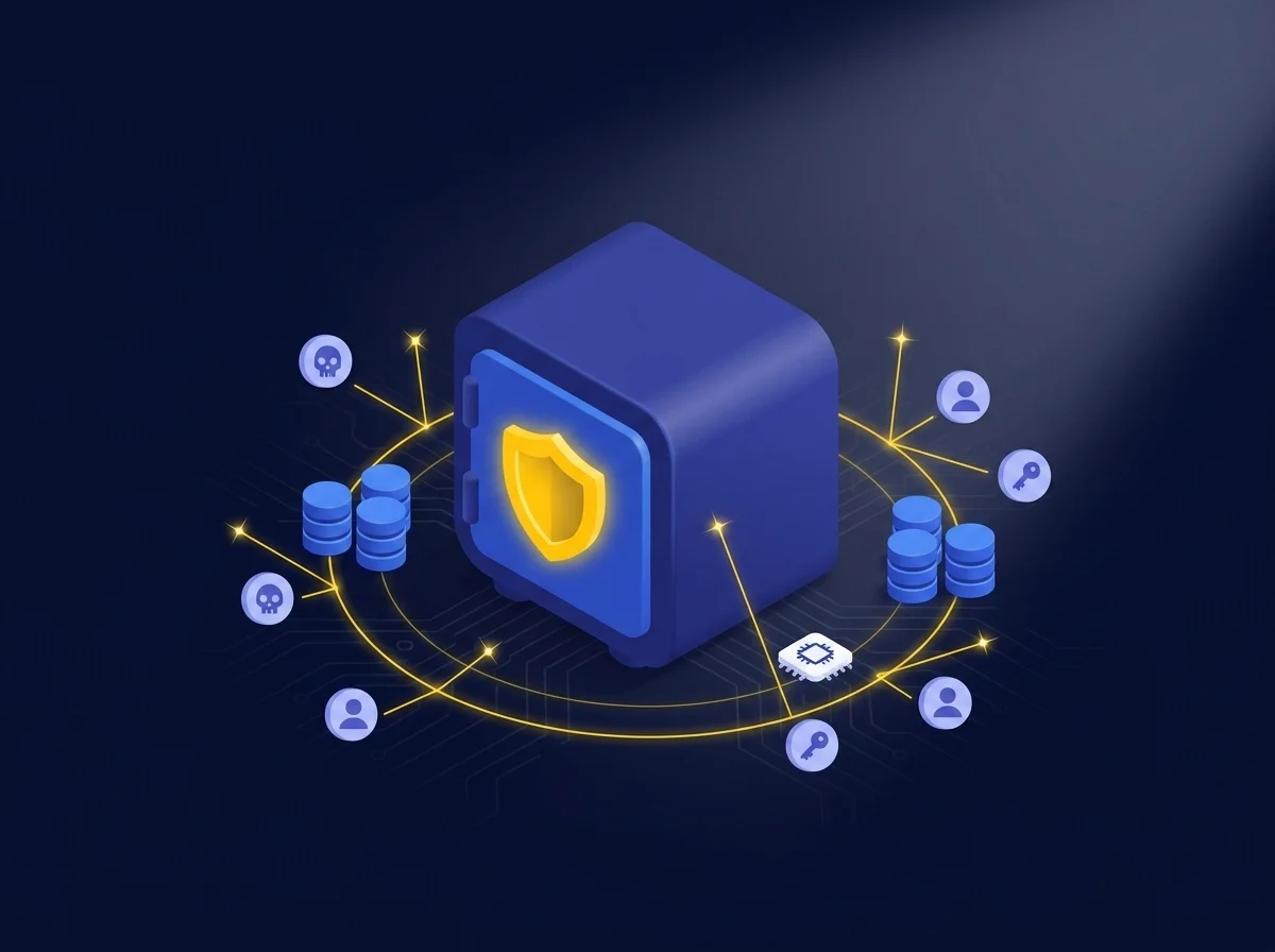 Conceptual illustration showing an organization defending its intellectual property and sensitive research data from external cyber threats and hackers using a secure security perimeter.