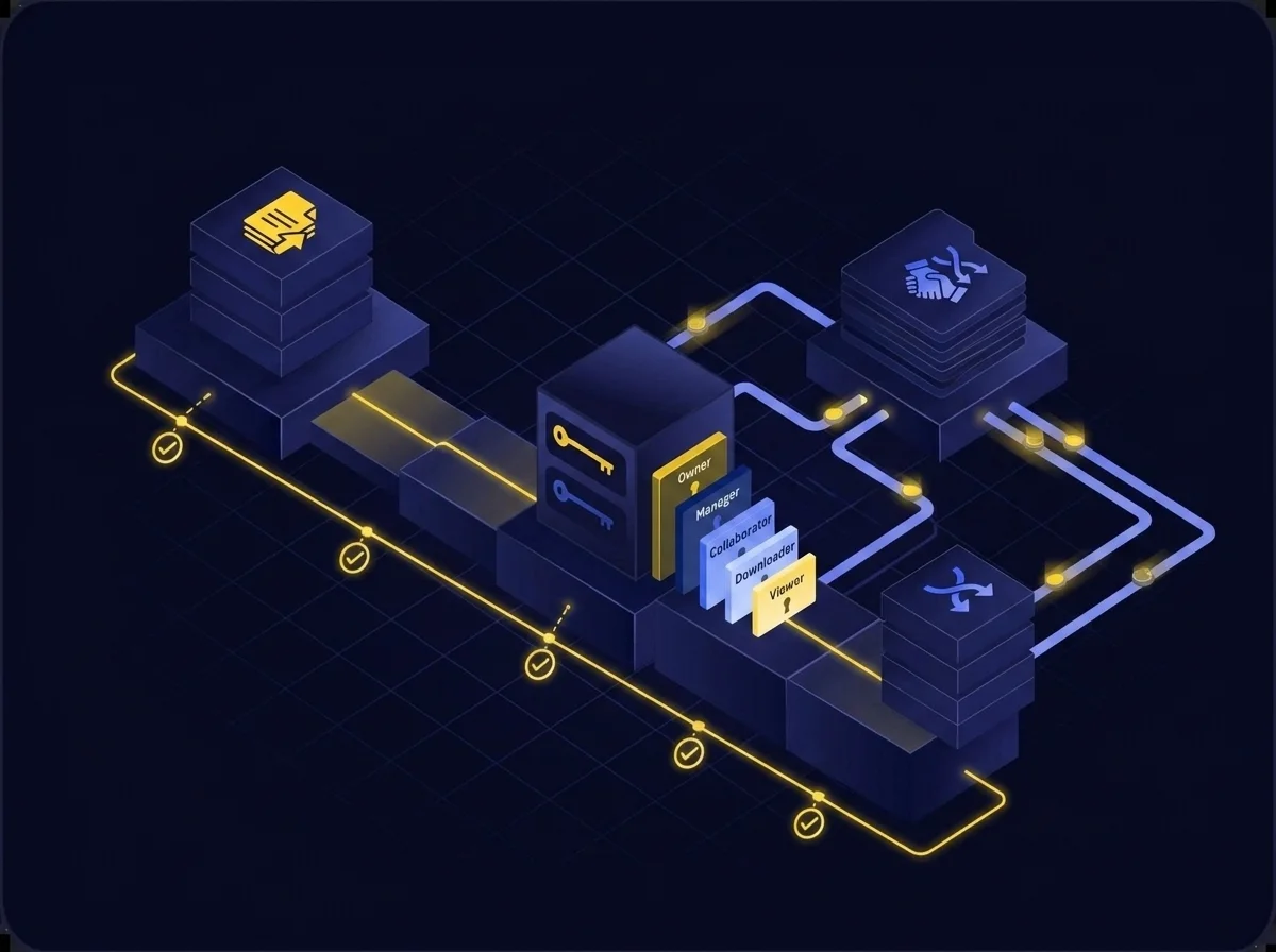 Diagram illustrating document lifecycle management with file versioning, role-based access controls, and collaboration tracking.