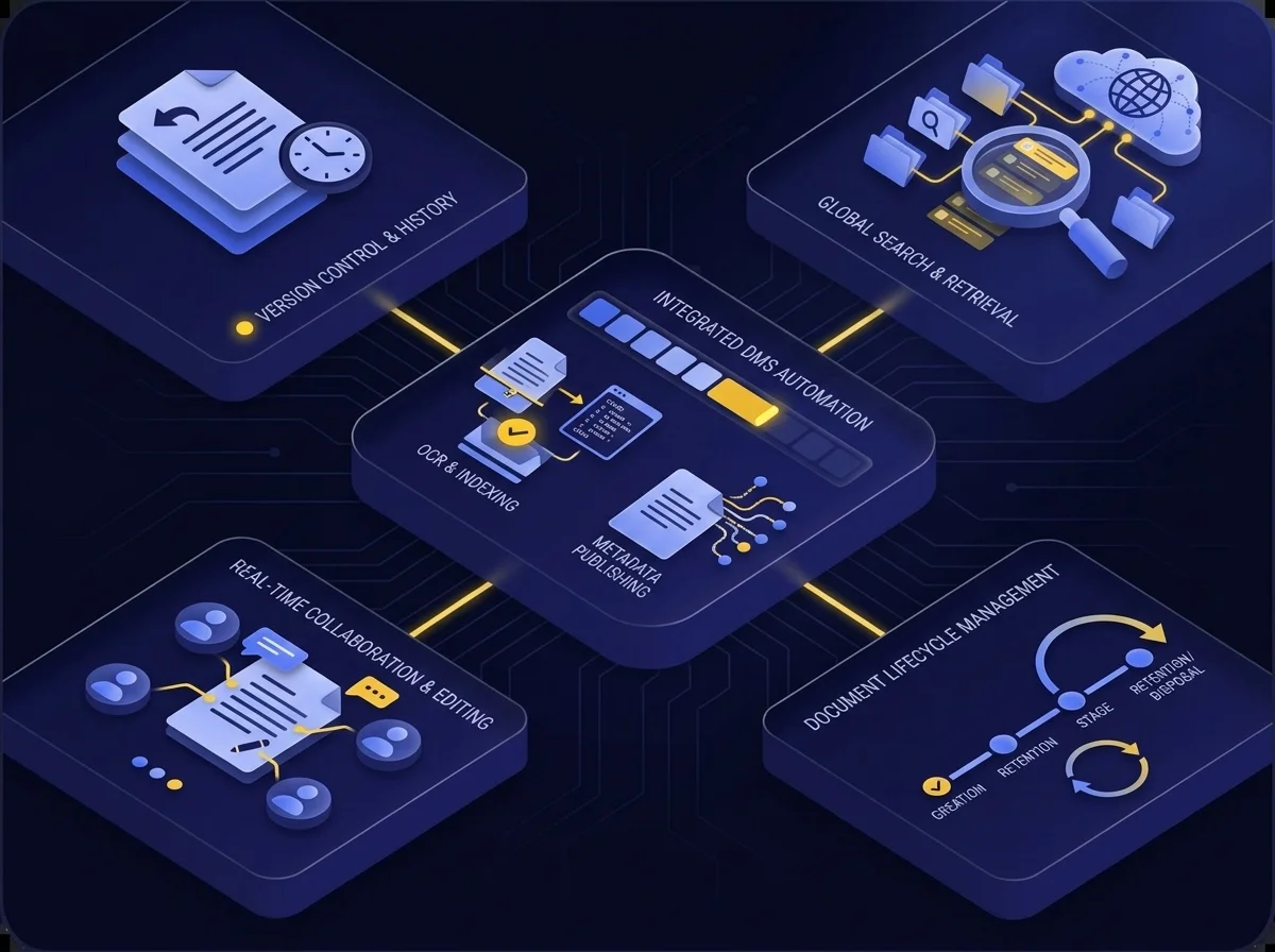 A comprehensive document management system architecture diagram illustrating OCR functionality, version control, metadata publishing, and real-time collaboration platforms.