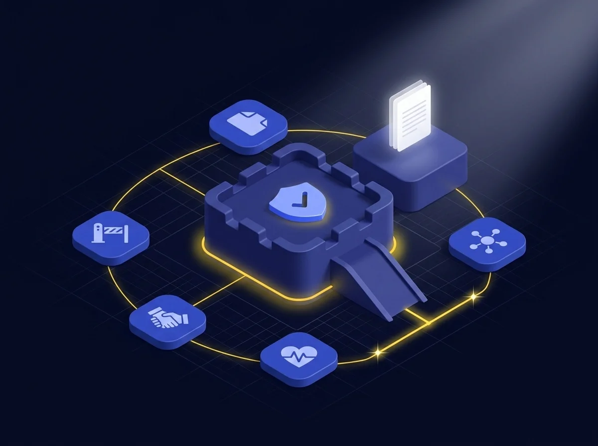 third party control Icon A conceptual overview of healthcare domain security showing compliance with ADHICS requirements for environmental security, third-party risk, and business continuity.