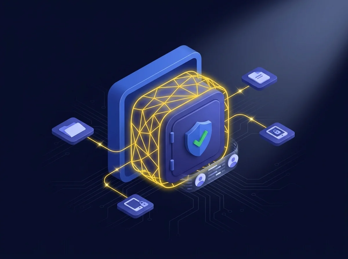 Screenshot showing a secure private data network interface integrated into a workspace, featuring file-sharing capabilities, multi-platform support, strict access controls, and automatic folder linking. 