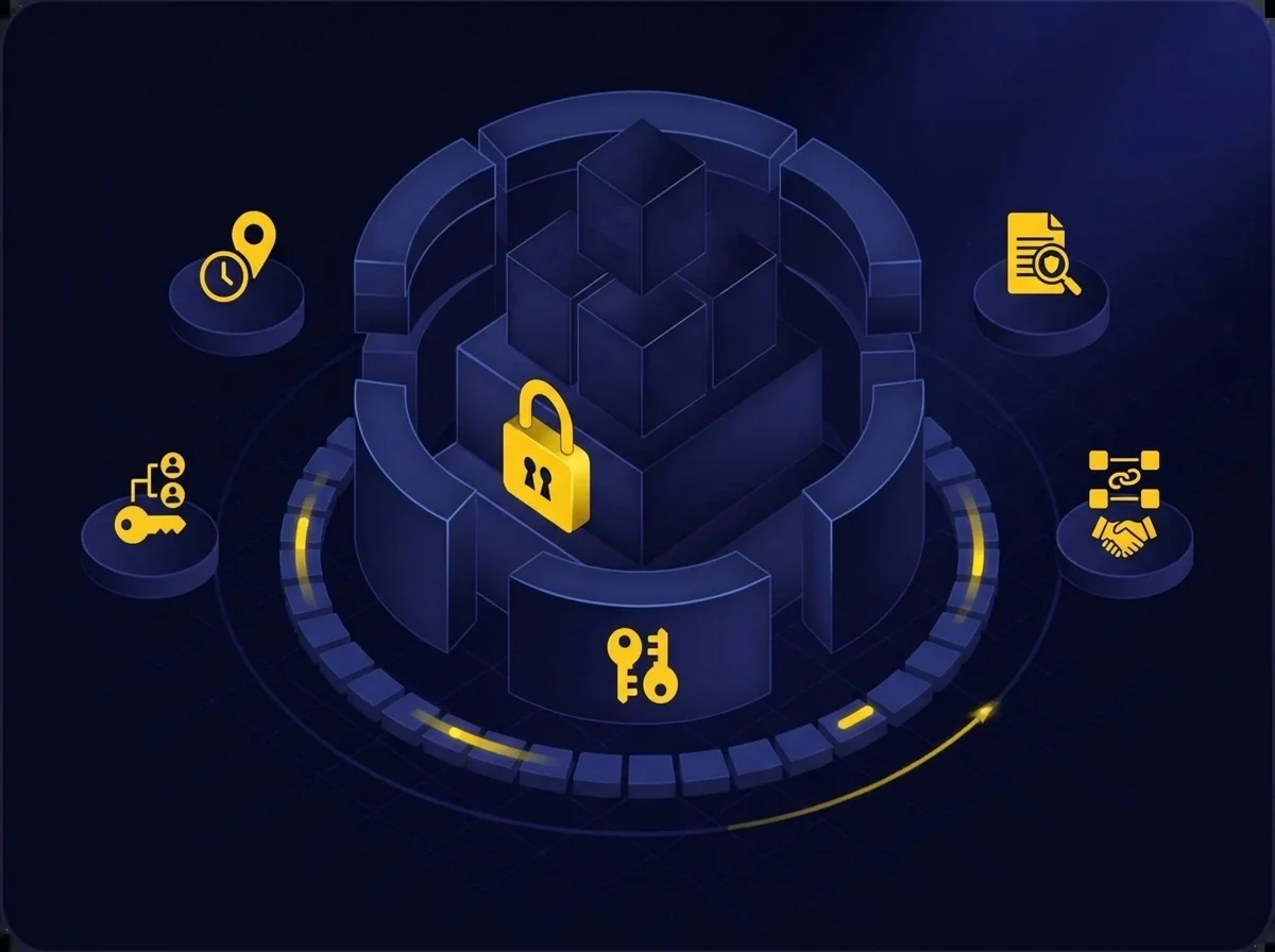 Diagram illustrating enterprise-wide data protection and control features including asset classification, access management, double encryption, and real-time audit logs.
