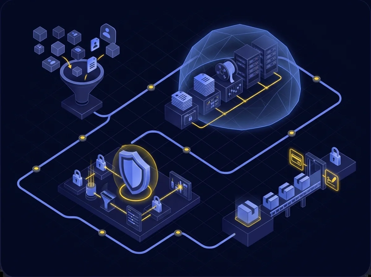 A conceptual graphic illustrating compliance with complex data protection standards and secure record keeping.