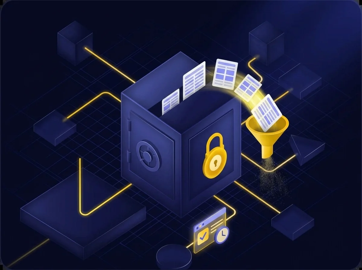 Illustration representing GDPR compliance and the right to be forgotten, highlighting data privacy, retention policies, and secure deletion.