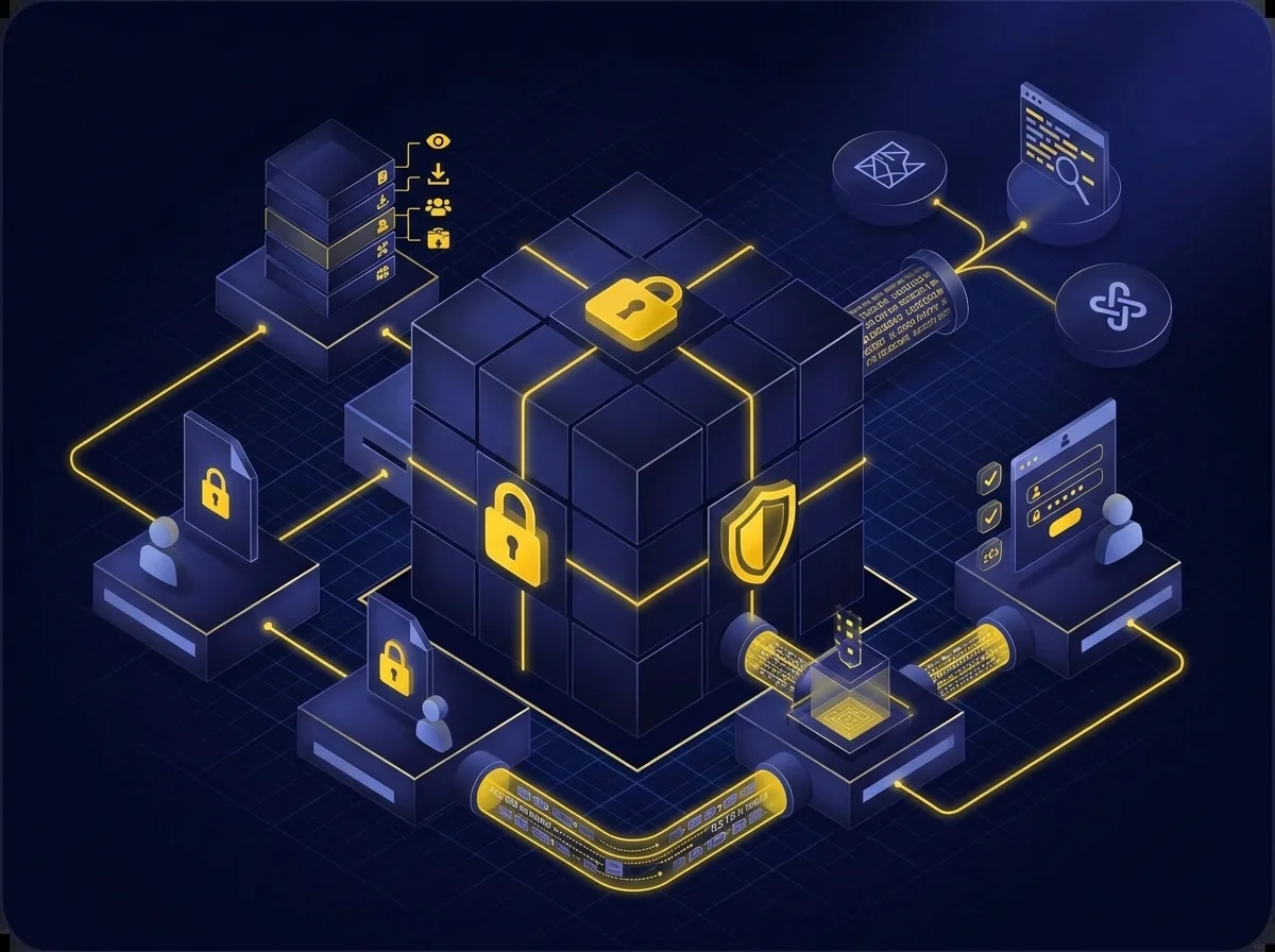 Infographic illustrating GDPR compliance features for secure email and file transfers, including role-based permissions, AES-256 encryption, multi-factor authentication, and activity logging.