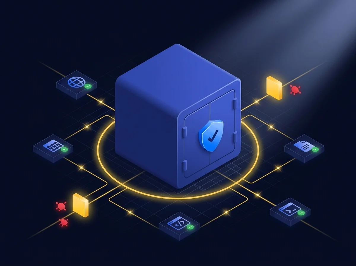 Harden Applications Without Disrupting Business Functionality Conceptual illustration showing application security hardening across browsers, Office, and PowerShell while balancing business productivity.