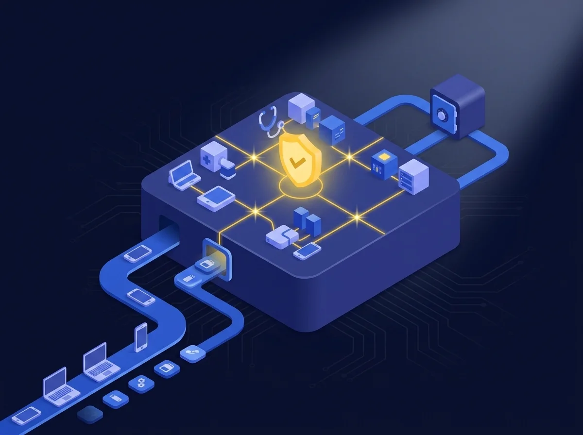 operations icon A conceptual overview of managing complex asset life cycles in healthcare operations, including inventory, classification, ownership, and secure disposal under ADHICS frameworks.